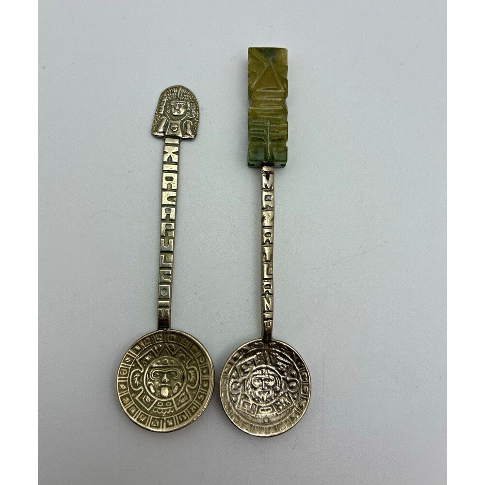 Lot of 2 Vintage Mexico Souvenir Spoons ALPACA MEXICO Aztec Calendar Green Jade